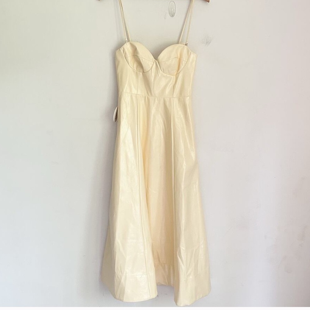 NEW Staud Faux Leather Abstract Fit Flare Midi Dress Cream Size 2